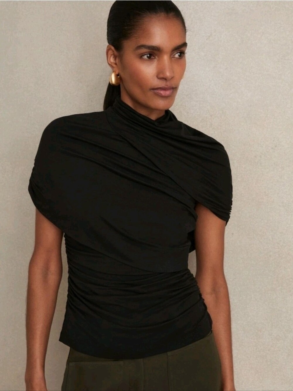 REISS Draped Black Short Sleeve Ruched Top